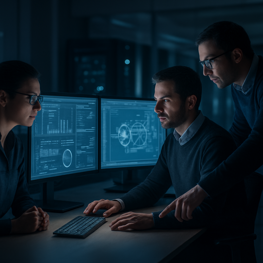 Engineers collaborating in a modern technology workspace